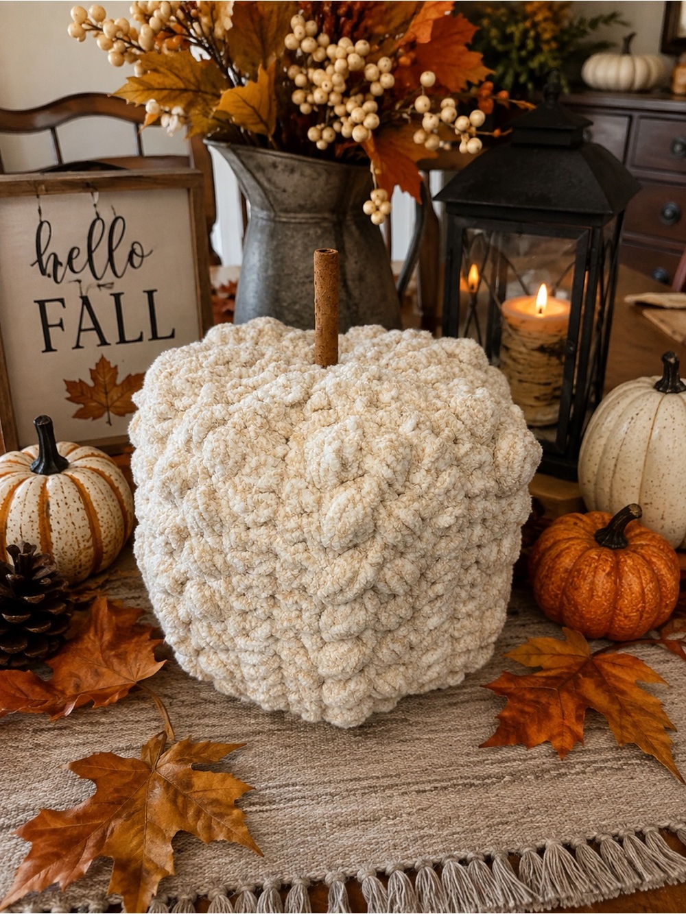 Handmade Crochet Cream Pumpkin Cozy Neutral Fall Thanksgiving Decor